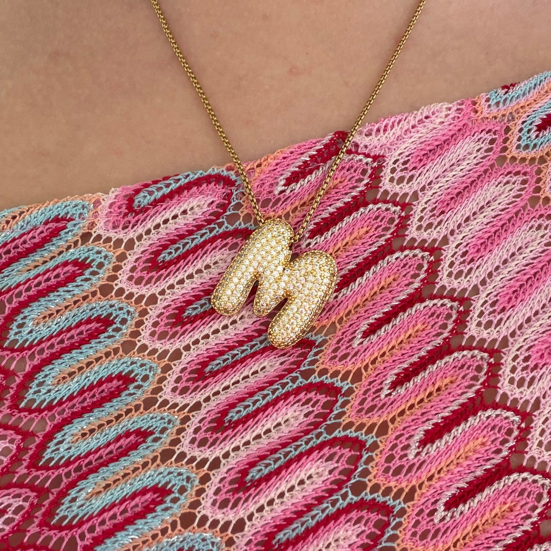 Pave Initial Bubble Letter Necklace